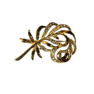 Vintage Goldtone Feather Brooch Rhinestones 2" Pin